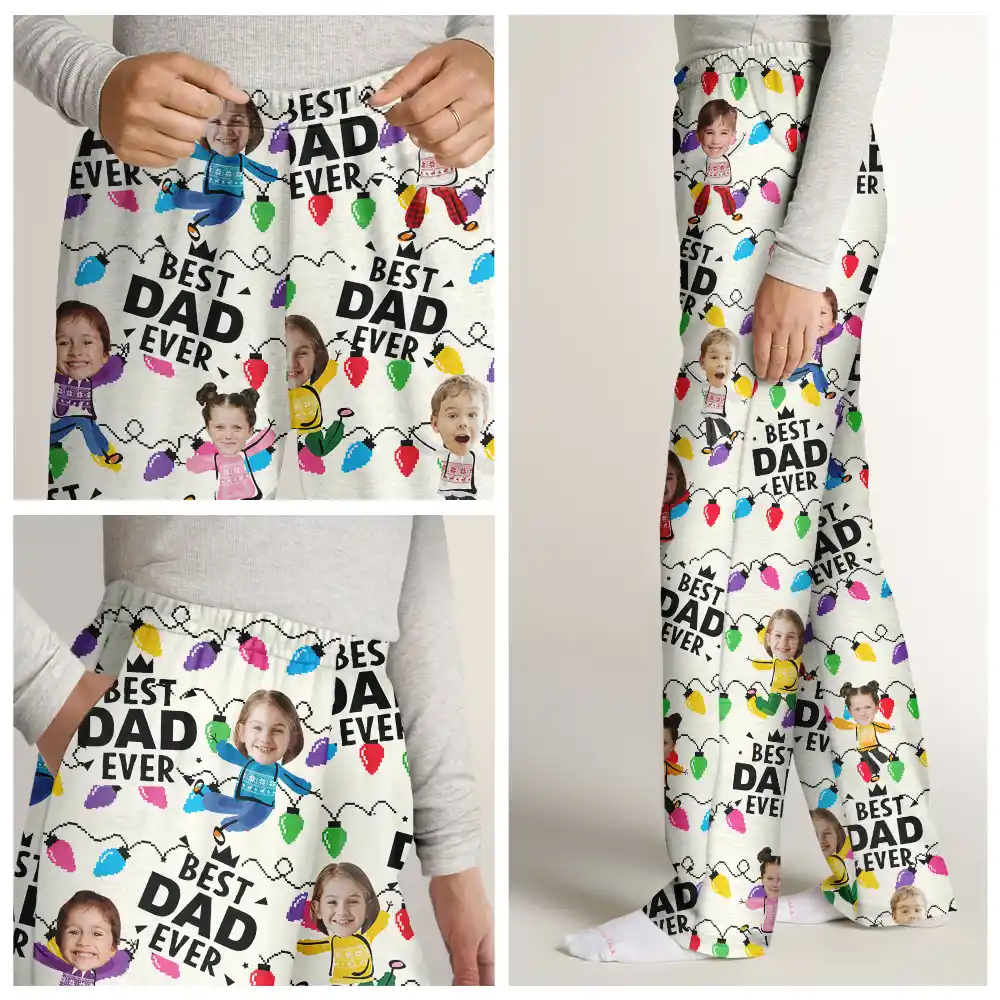 Custom Photo Funny Kids Best Dad Grandpa Ever Christmas Light - Personalized Pajama Pants - Image 8