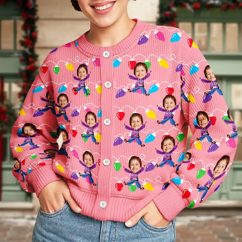 Custom Photo Funny Kids Christmas Light - Personalized Cardigan - Image 4