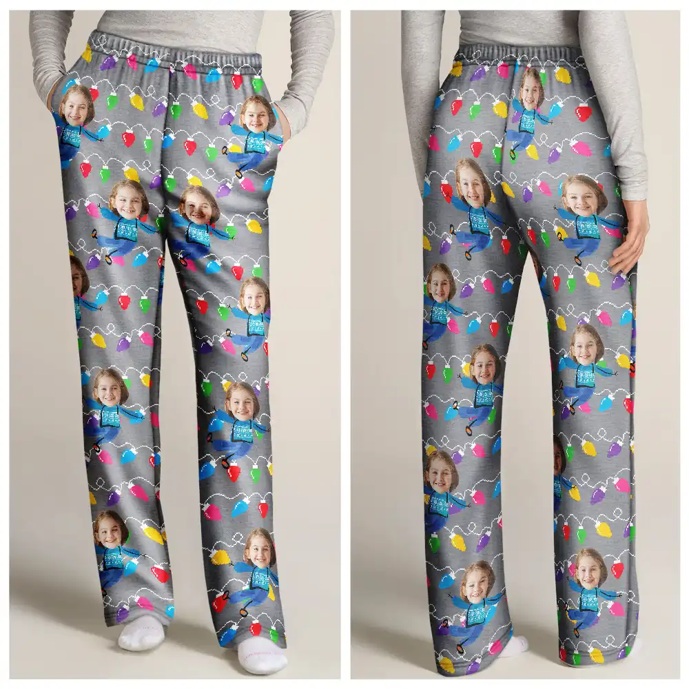 Custom Photo Funny Kids Christmas Light - Personalized Pajama Pants - Image 4