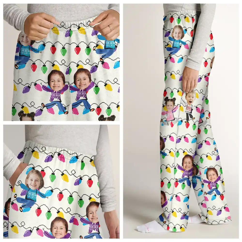 Custom Photo Funny Kids Christmas Light - Personalized Pajama Pants - Image 8