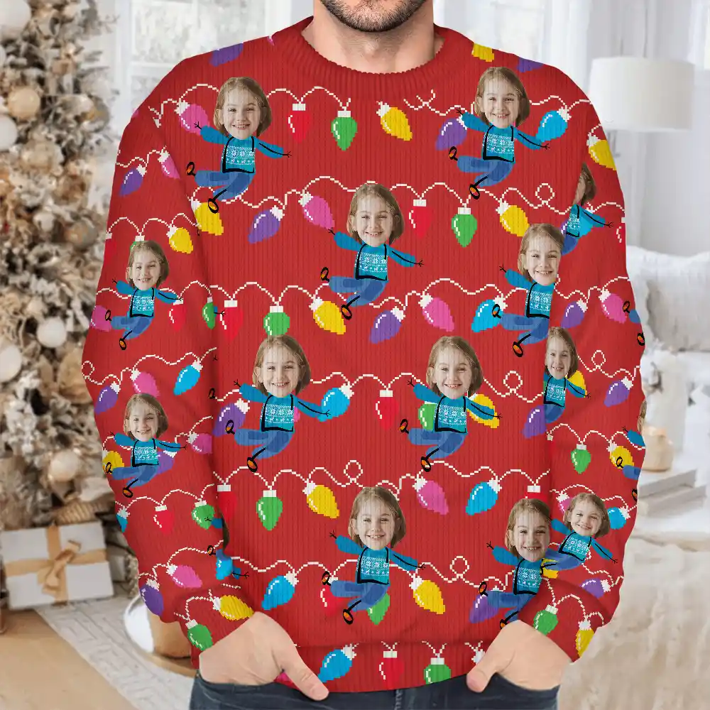 Custom Photo Funny Kids Christmas Light - Personalized Unisex Ugly Sweater - Image 5
