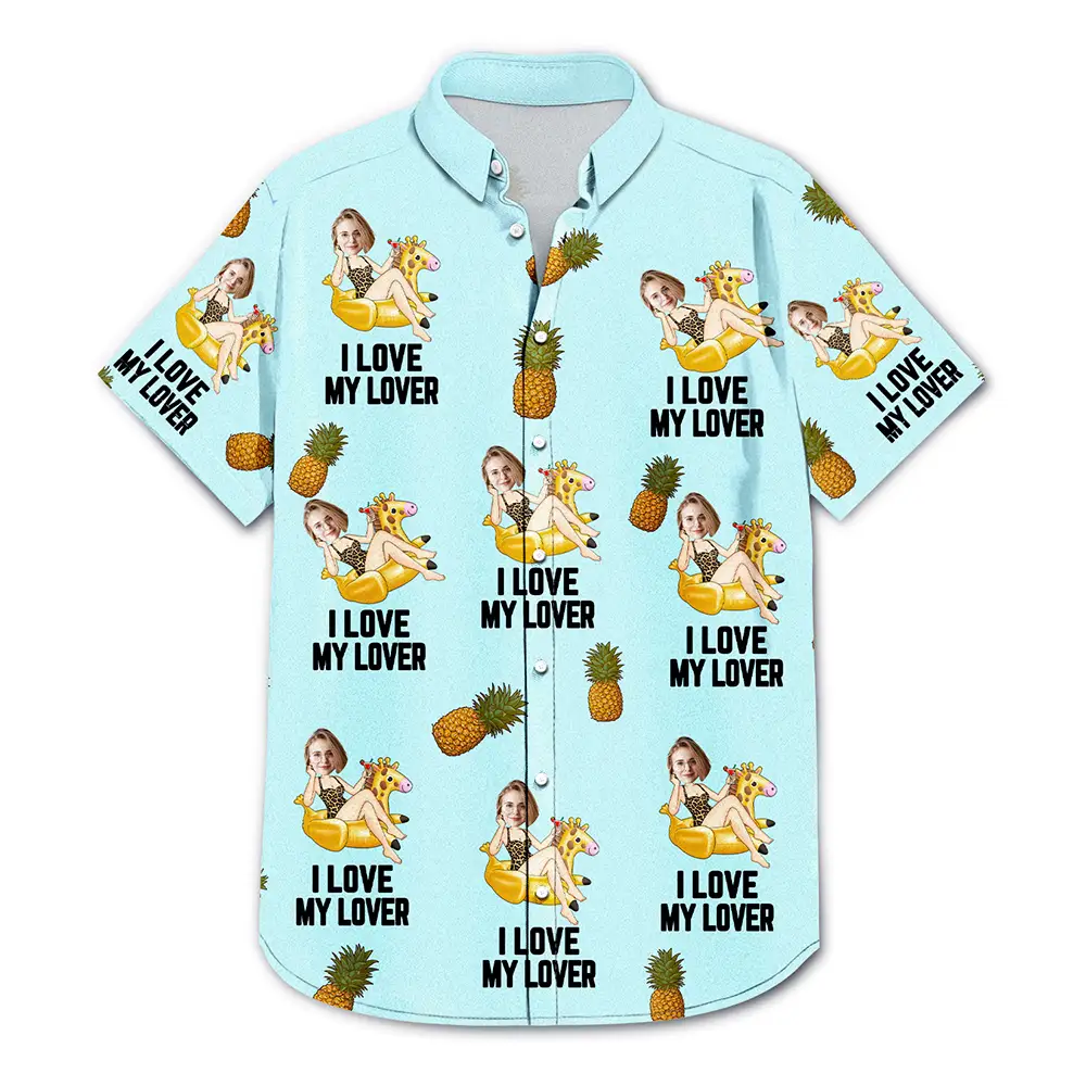 Custom Photo Funny On Flamingo I Love My Lover - Personalized Hawaiian Shirt - Image 4