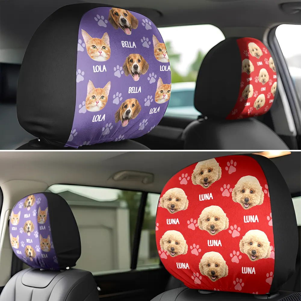 Custom Photo Funny Pet Face Pattern Dog Cat Family - Personalized Car Headrest Covers - Image 4