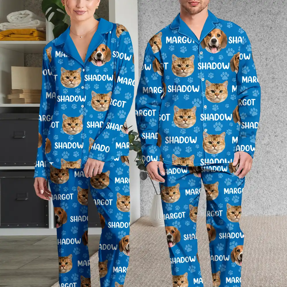 Custom Photo Funny Pet Face Pattern Dog Cat Family - Personalized Long Pajamas Set - Image 4
