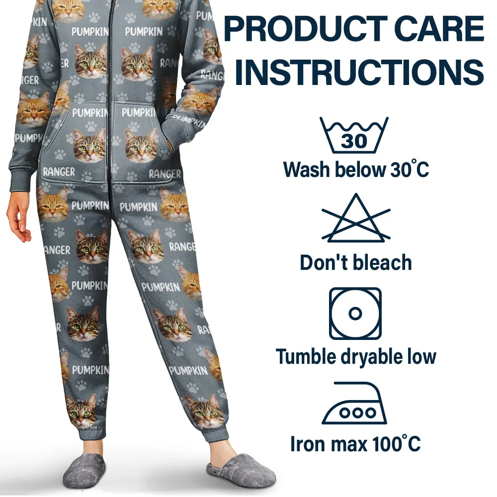 Custom Photo Funny Pet Face Pattern Dog Cat Family - Personalized Overall Onesie Hooded Jumpsuit - Image 5