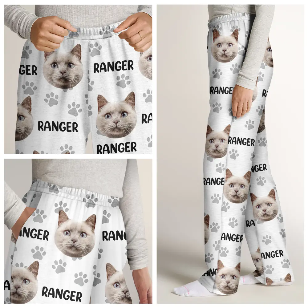 Custom Photo Funny Pet Face Pattern Dog Cat Family - Personalized Pajama Pants - Image 8