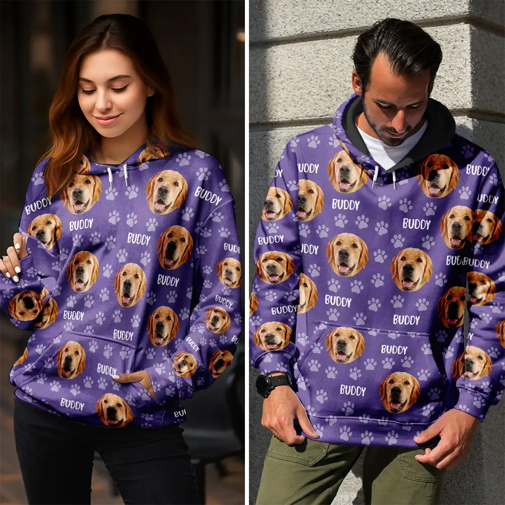 Custom Photo Funny Pet Face Pattern Dog Cat Family - Personalized Pullover Hoodie - Image 4
