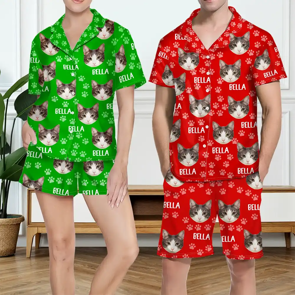 Custom Photo Funny Pet Face Pattern Dog Cat Family - Personalized Short Pajamas Set - Image 5