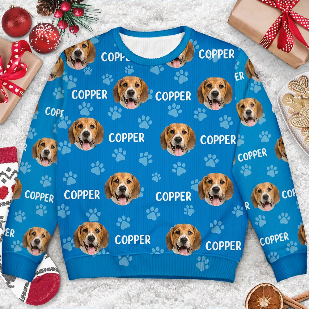Custom Photo Funny Pet Face Pattern Dog Cat Family - Personalized Unisex Ugly Sweater - Image 4