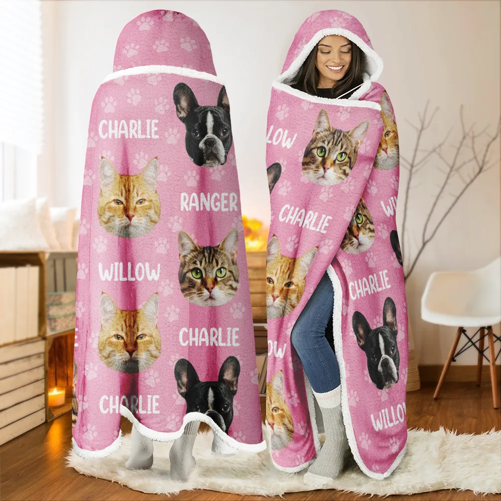 Custom Photo Funny Pet Face Pattern Dog Cat Family - Personalized Wearable Hooded Blanket - Image 3
