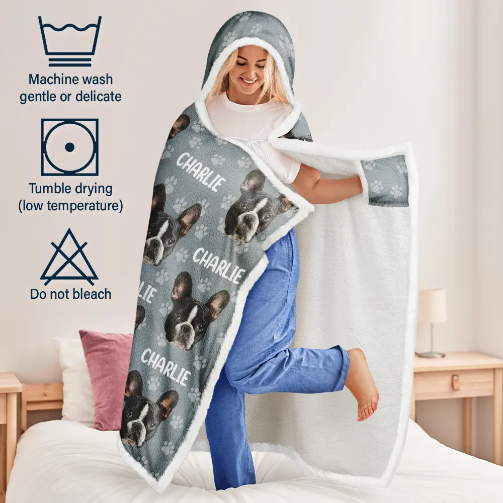 Custom Photo Funny Pet Face Pattern Dog Cat Family - Personalized Wearable Hooded Blanket - Image 6