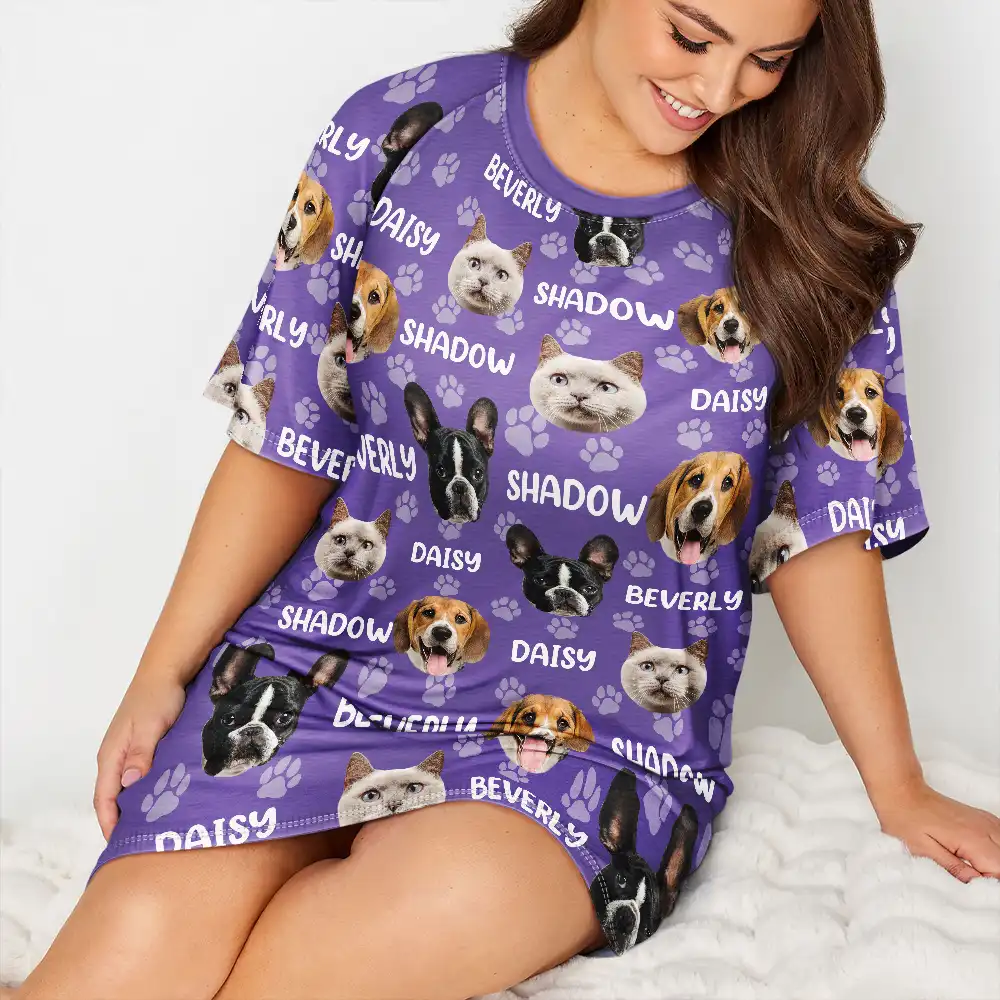 Custom Photo Funny Pet Face Pattern Dog Cat Family - Personalized Women's Sleep Tee - Image 5