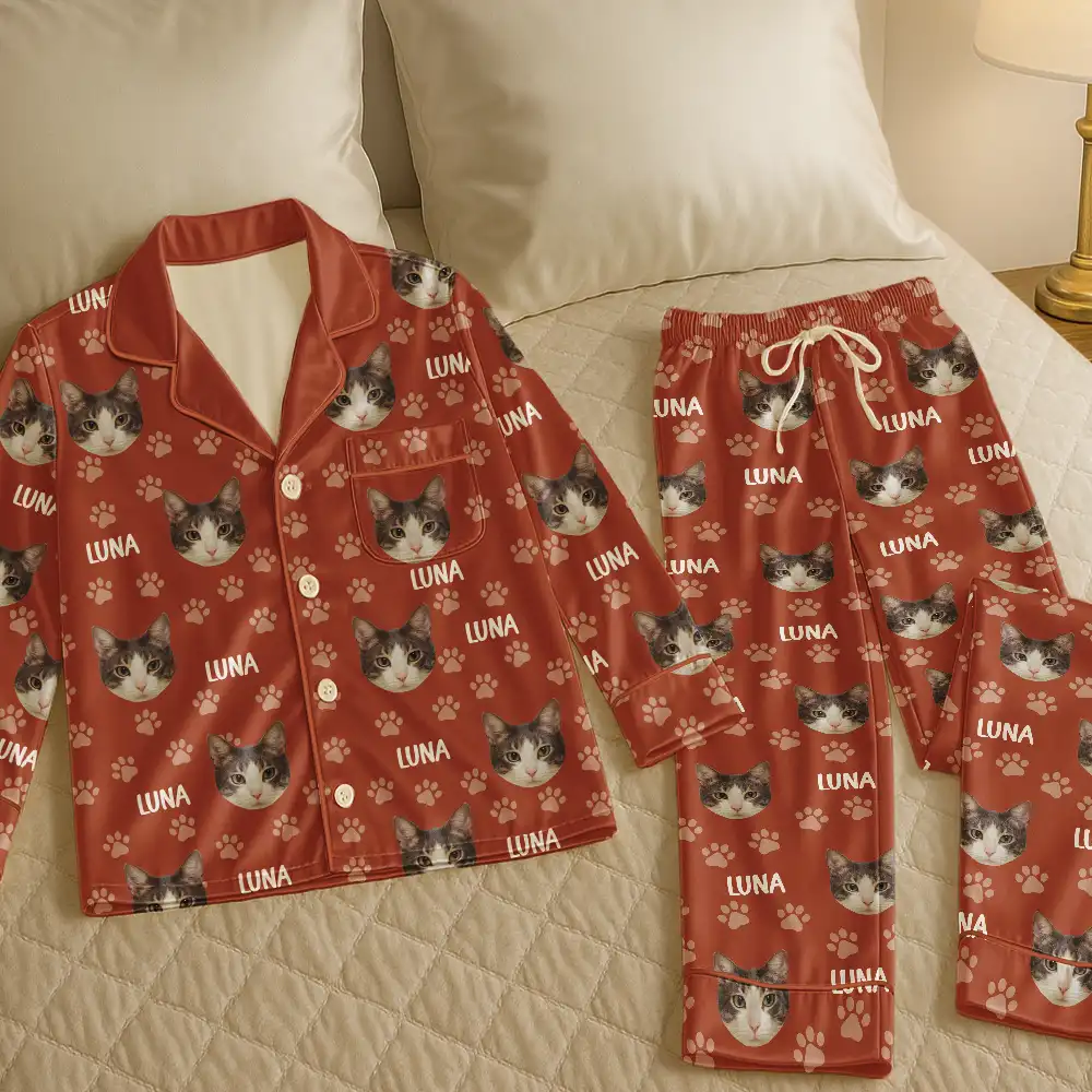 Custom Photo Funny Pet Face Pattern Dog Cat - Personalized Satin Pajama Set - Image 6