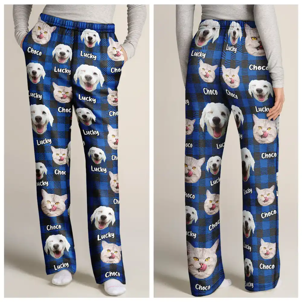 Custom Photo Funny Pet Human Face Plaid Pattern - Personalized Pajama Pants - Image 4