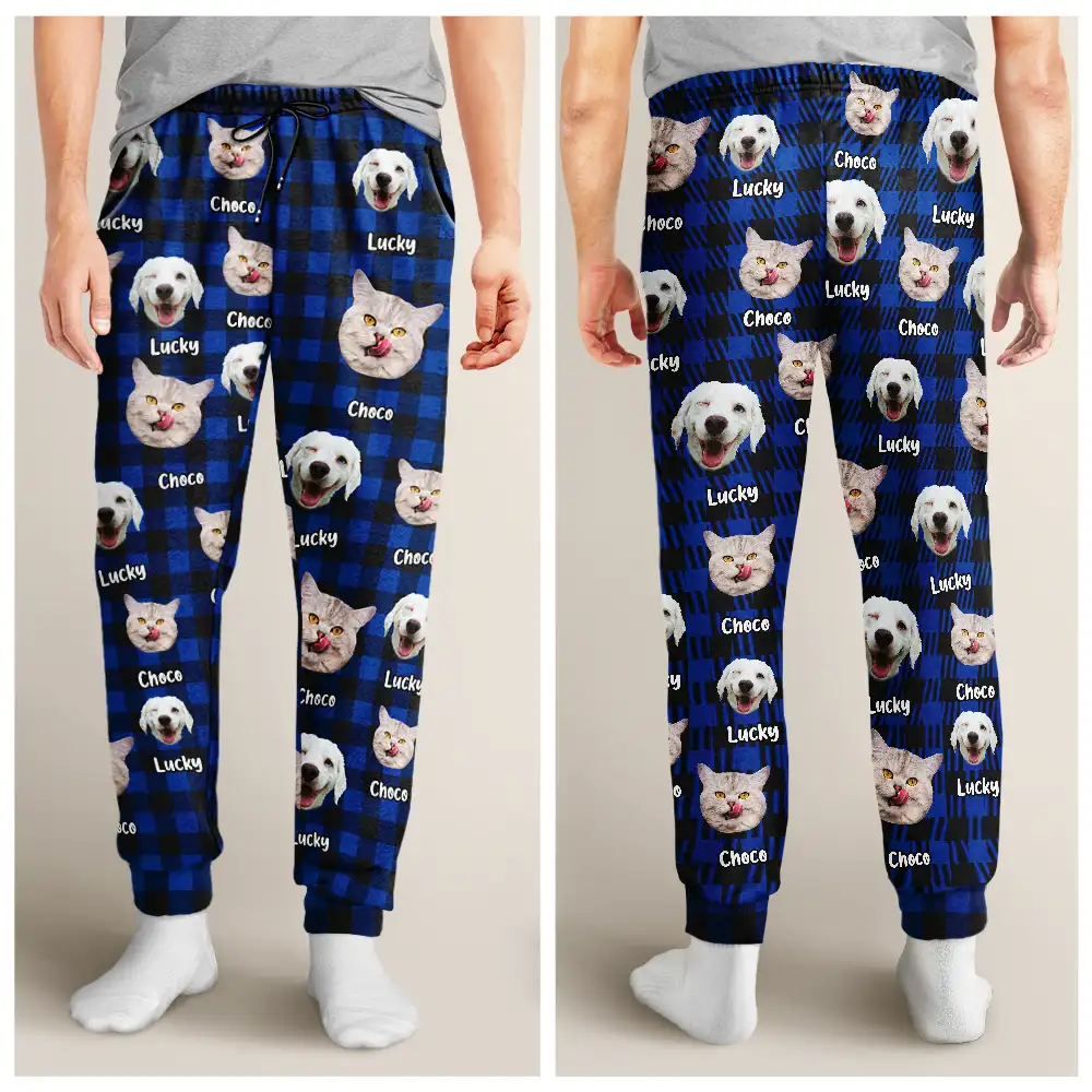 Custom Photo Funny Pet Human Face Plaid Pattern - Personalized Pajama Pants - Image 5