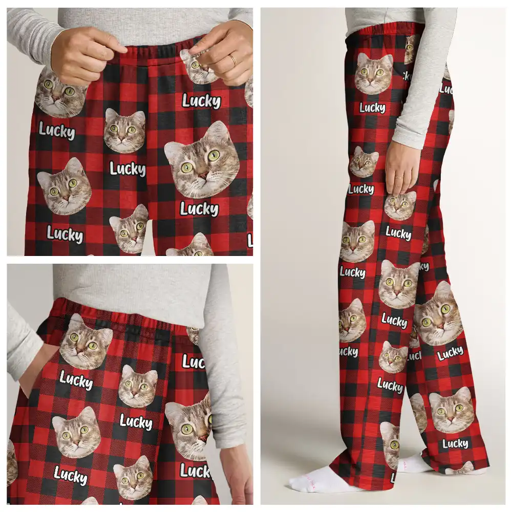 Custom Photo Funny Pet Human Face Plaid Pattern - Personalized Pajama Pants - Image 8