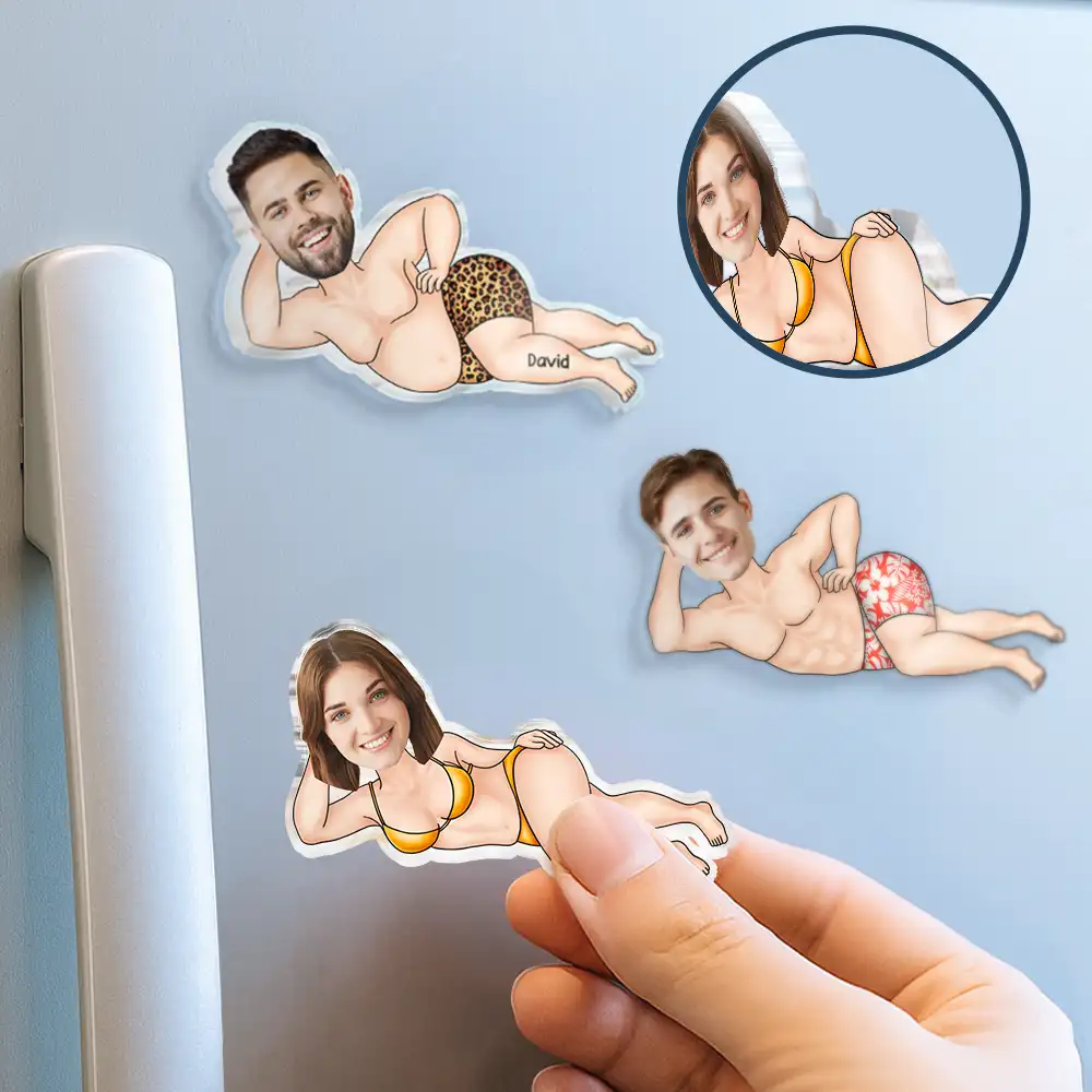 Custom Photo Funny Woman Man Lying Down - Personalized Acrylic Fridge Magnet - Image 3