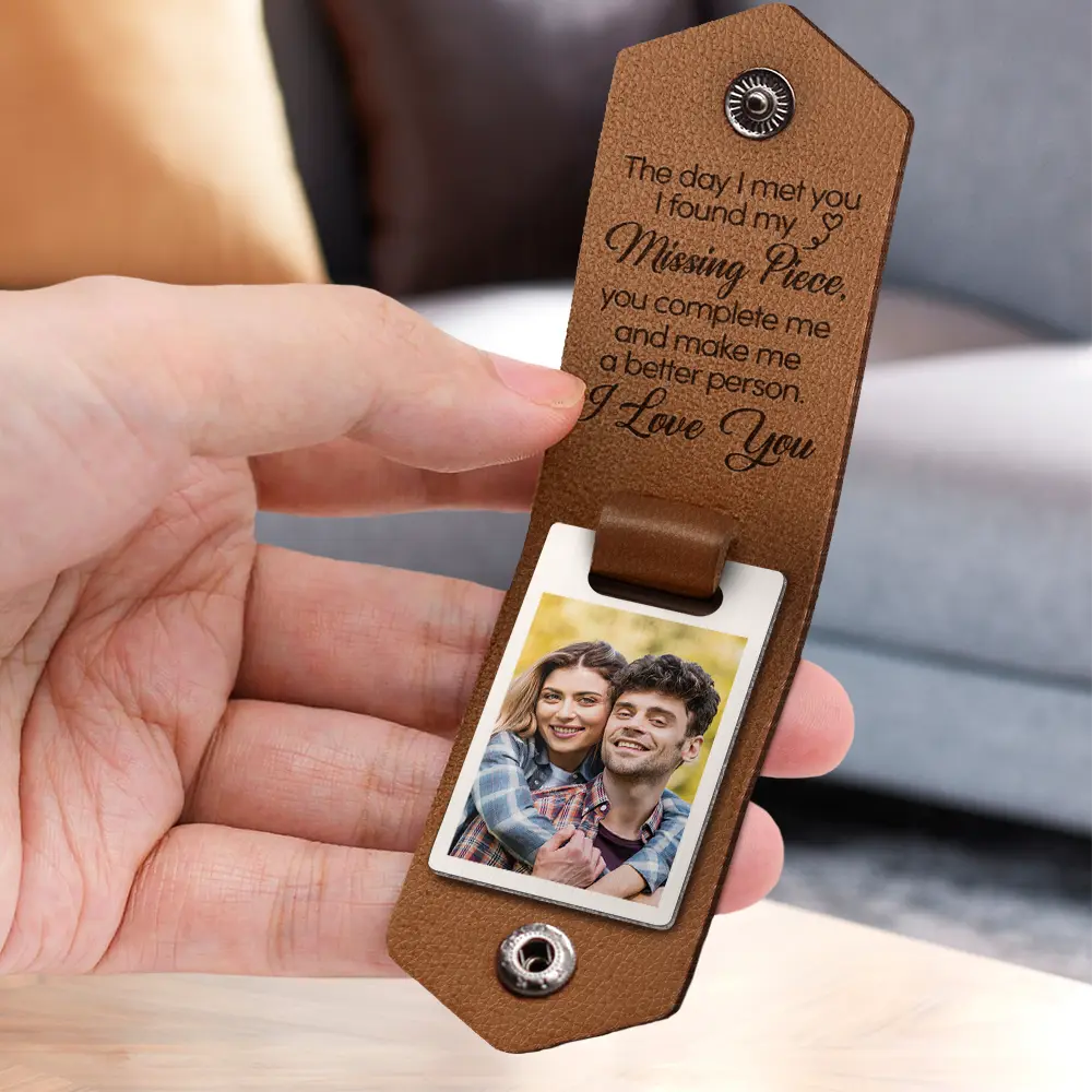 Custom Photo God Blessed The Broken Road - Loving, Anniversary Gift For Couple, Spouse, Husband, Wife - Personalized Leather Photo Keychain - Image 3