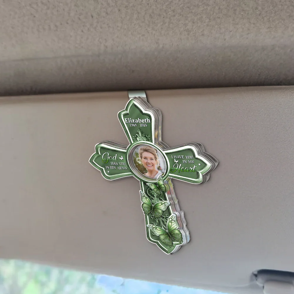 Custom Photo God Has You In His Arms Cross Memorial Gifts - Personalized Custom Shaped Acrylic Car Visor Clip - Image 2