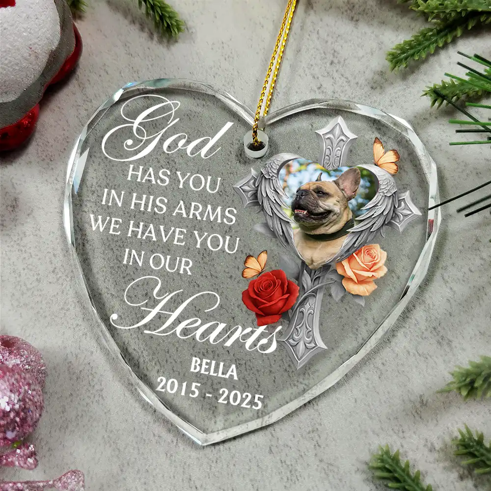 Custom Photo God Has You In His Arms Memorial - Personalized Heart Shaped Glass Ornament - Image 4