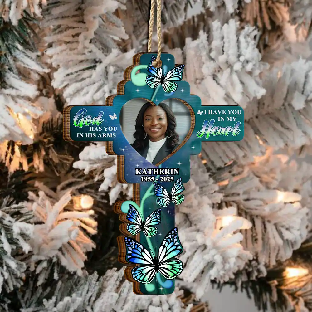 Custom Photo God Has You In His Arms - Personalized 2-Layered Wooden Ornament - Image 3