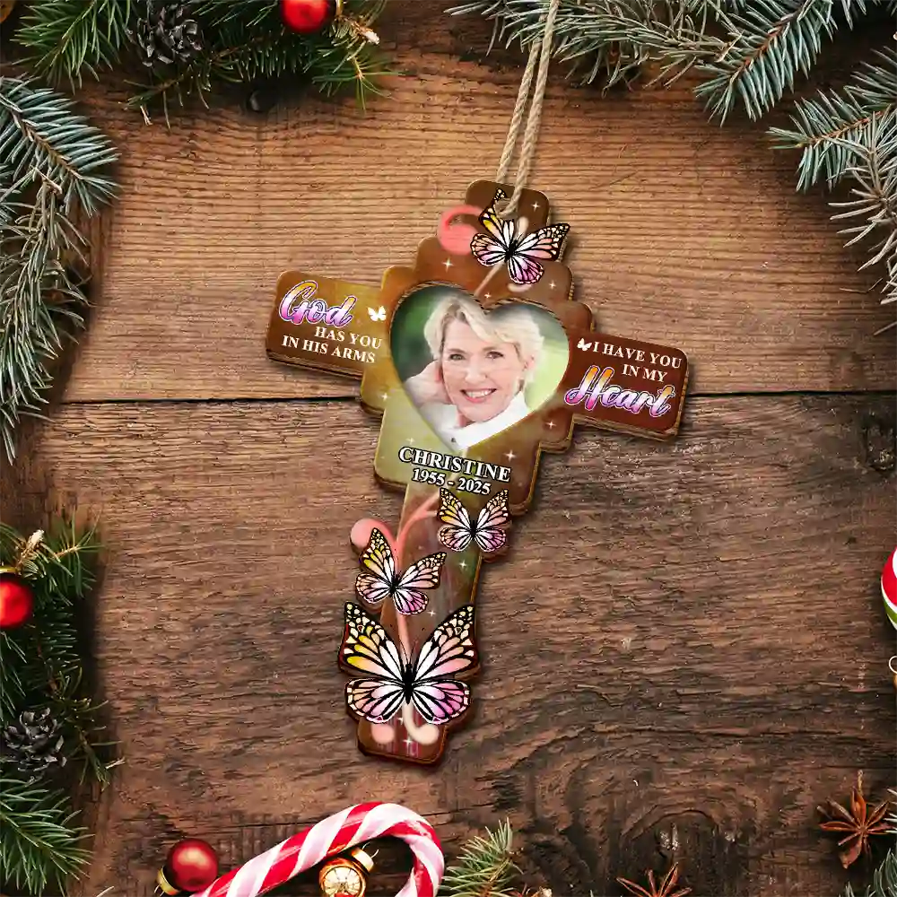 Custom Photo God Has You In His Arms - Personalized 2-Layered Wooden Ornament - Image 4
