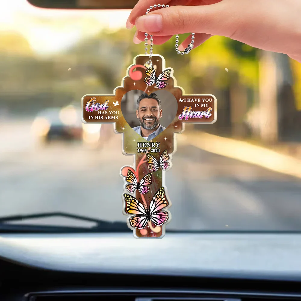 Custom Photo God Has You In His Arms - Personalized Acrylic Car Hanger - Image 3