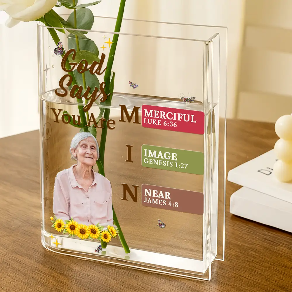 Custom Photo God Says I Am Bible Verse - Personalized Acrylic Book Vase - Image 5