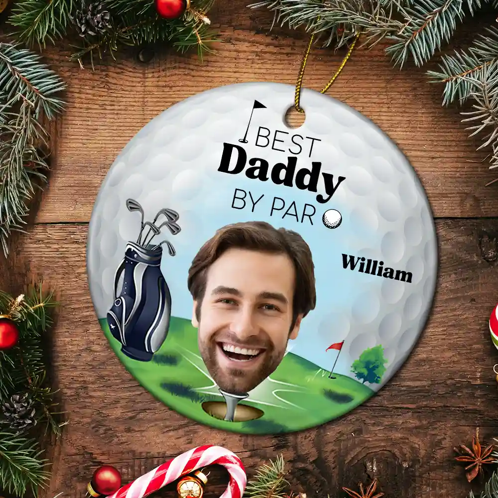 Custom Photo Golf Lover Best Daddy By Par - Personalized Circle Ceramic Ornament - Image 6