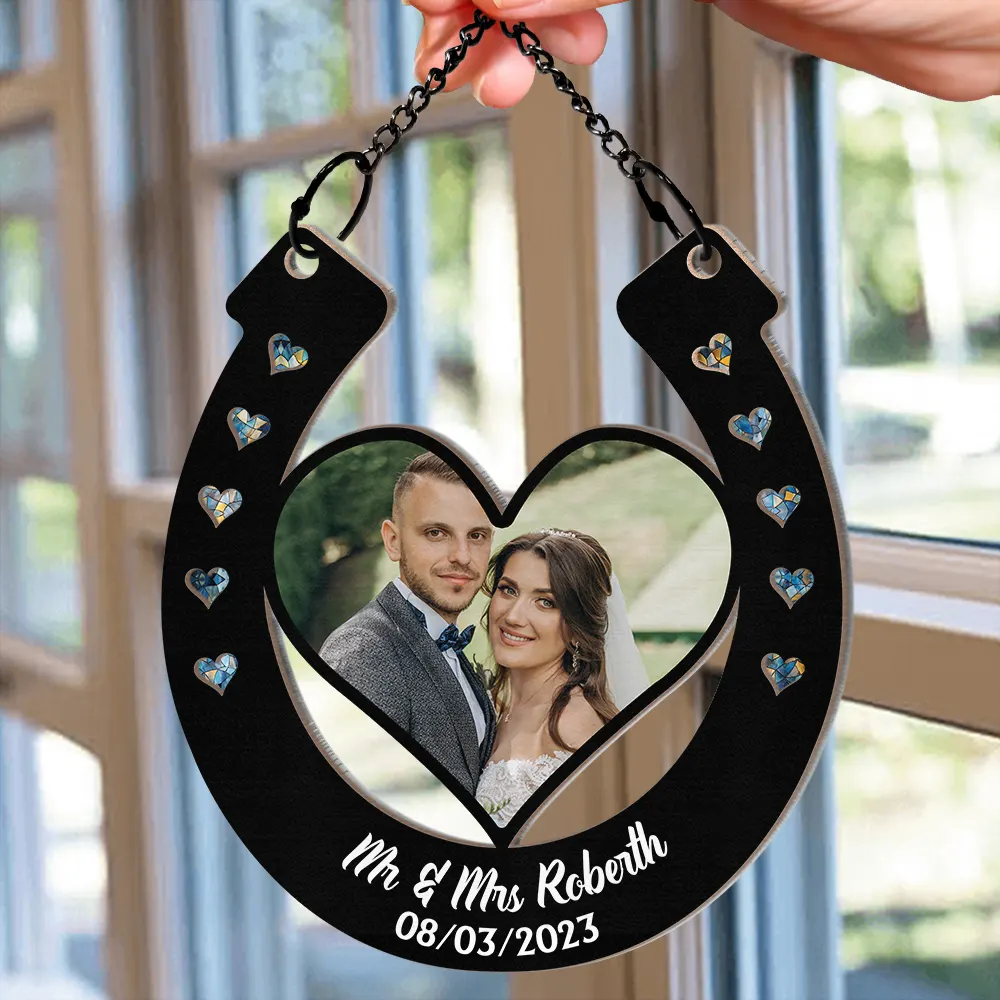 Custom Photo Good Luck Wedding Horseshoe - Personalized Window Hanging Suncatcher Ornament - Image 2