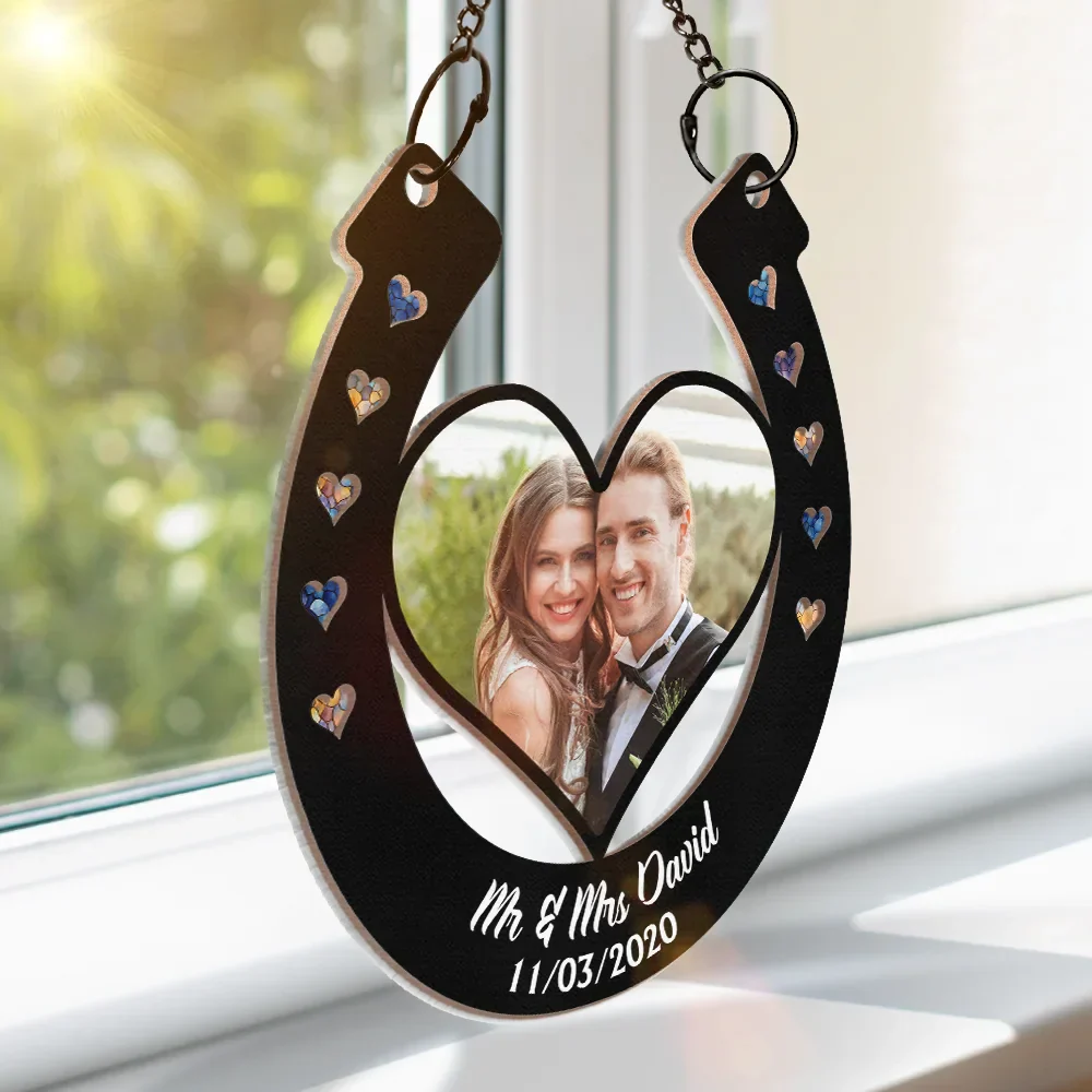 Custom Photo Good Luck Wedding Horseshoe - Personalized Window Hanging Suncatcher Ornament - Image 3