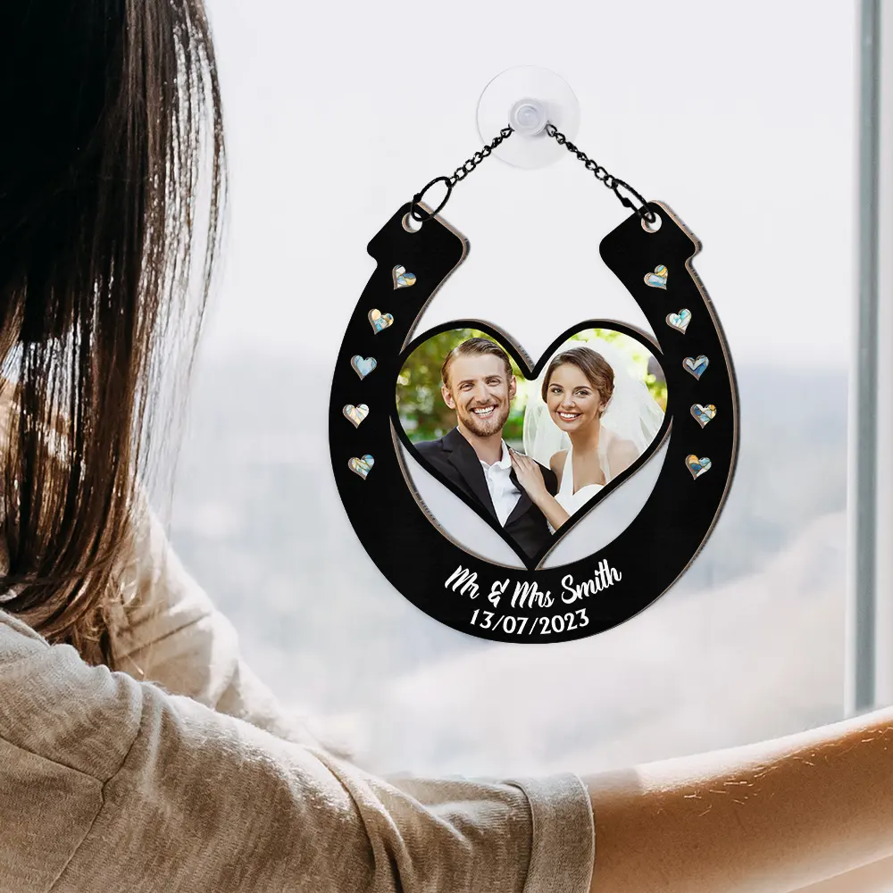 Custom Photo Good Luck Wedding Horseshoe - Personalized Window Hanging Suncatcher Ornament - Image 4