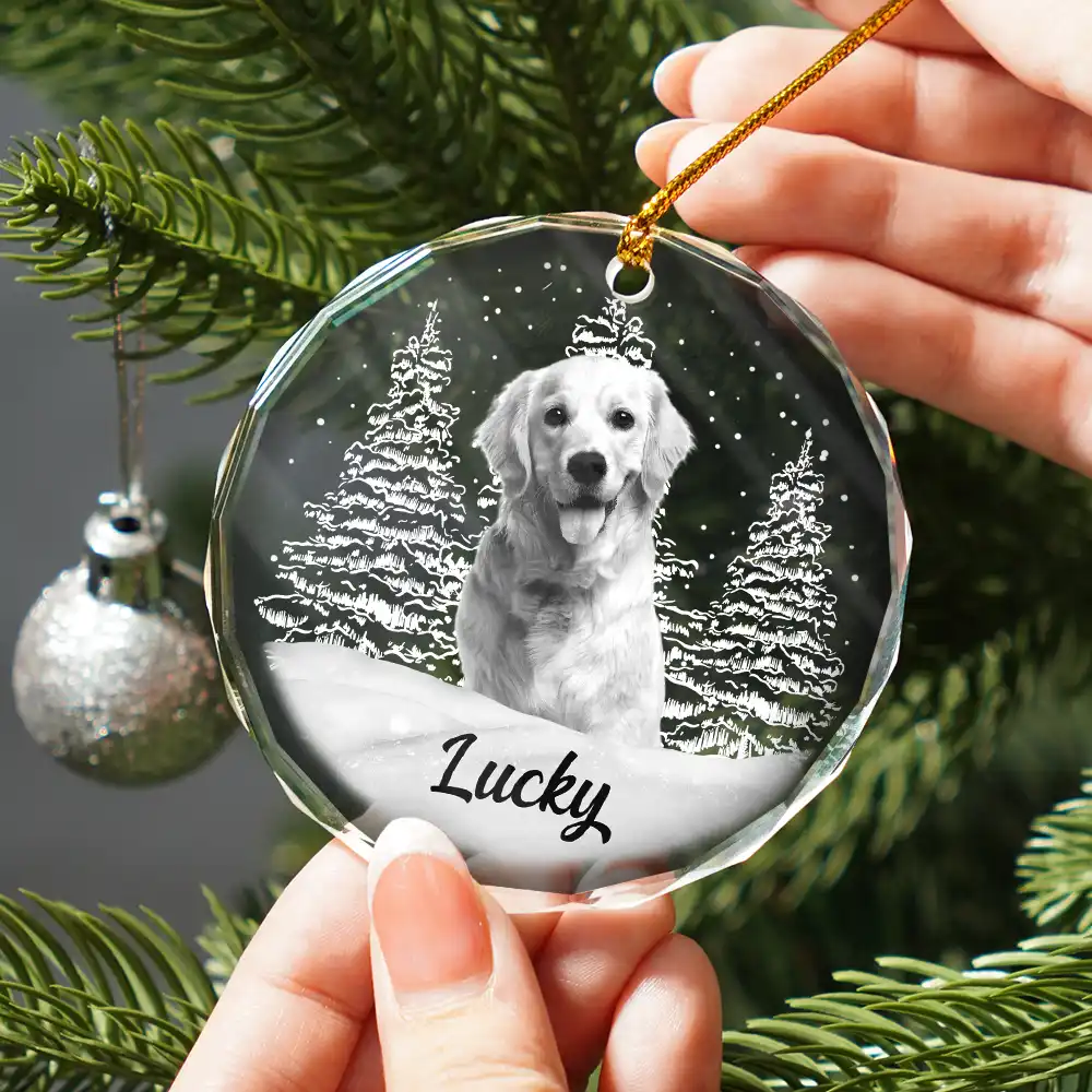 Custom Photo Grayscale Dog Face Pet Memorial - Personalized Circle Glass Ornament - Image 3
