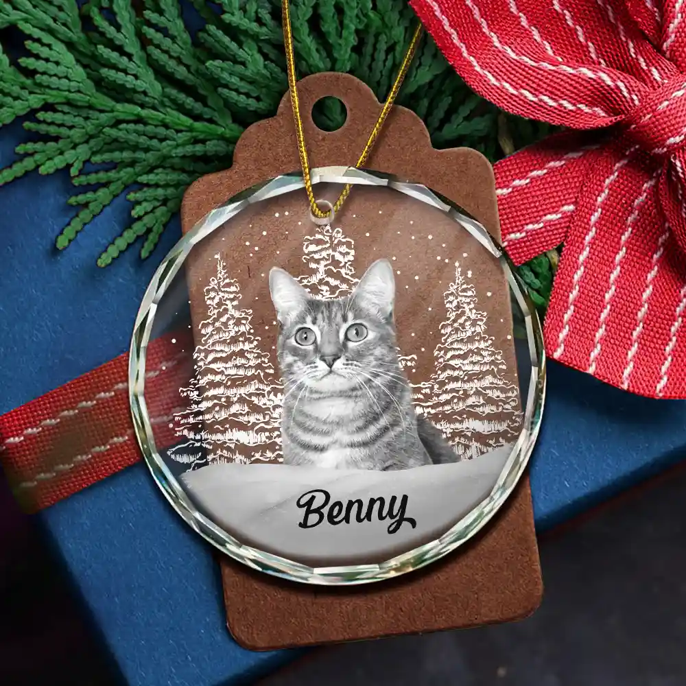 Custom Photo Grayscale Dog Face Pet Memorial - Personalized Circle Glass Ornament - Image 6