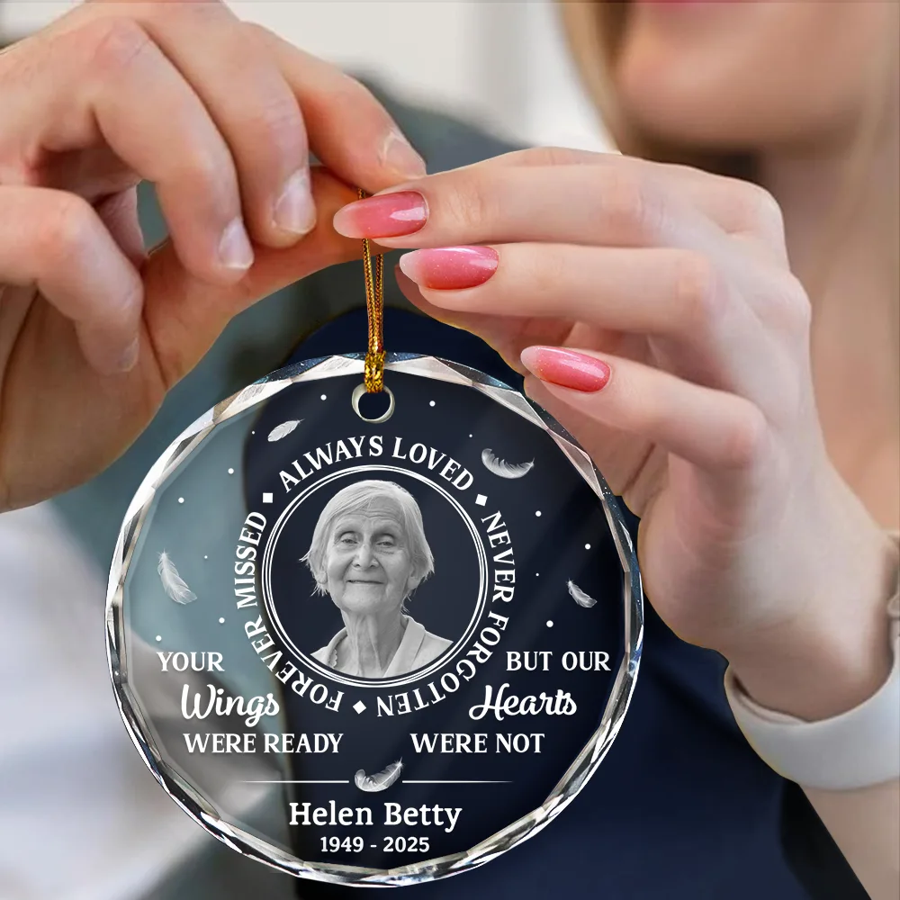 Custom Photo Grayscale Memorial Always Loved Never Forgotten - Personalized Circle Glass Ornament - Image 4