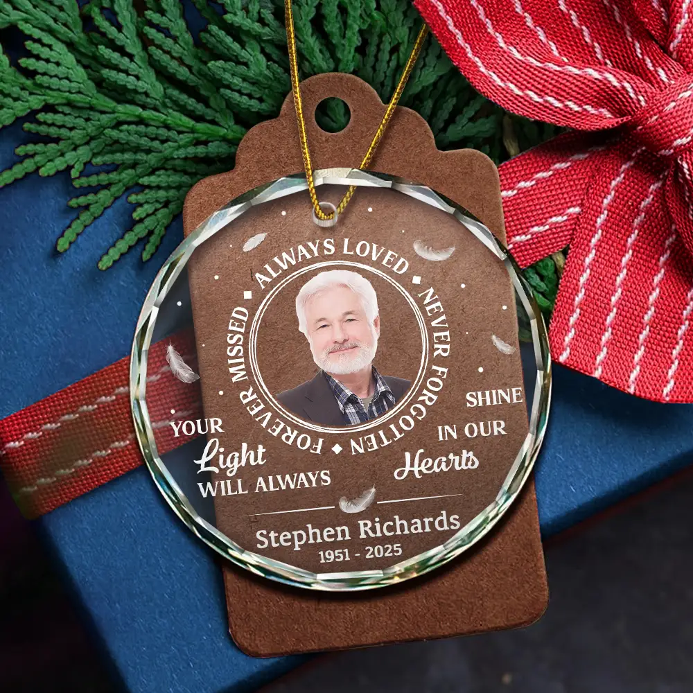 Custom Photo Grayscale Memorial Always Loved Never Forgotten - Personalized Circle Glass Ornament - Image 5