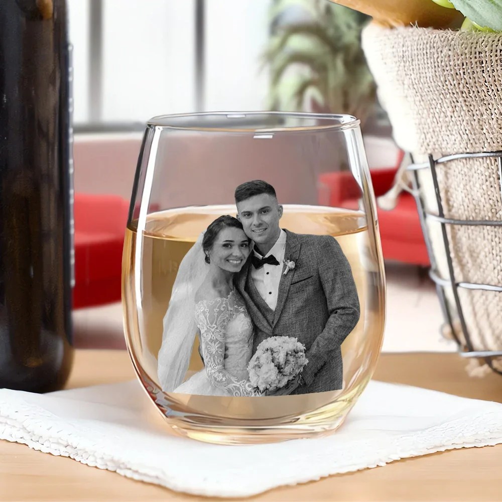 Custom Photo Greyscale Couples - Personalized Stemless Wine Glass - Image 3