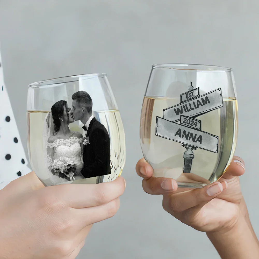 Custom Photo Greyscale Couples - Personalized Stemless Wine Glass - Image 4