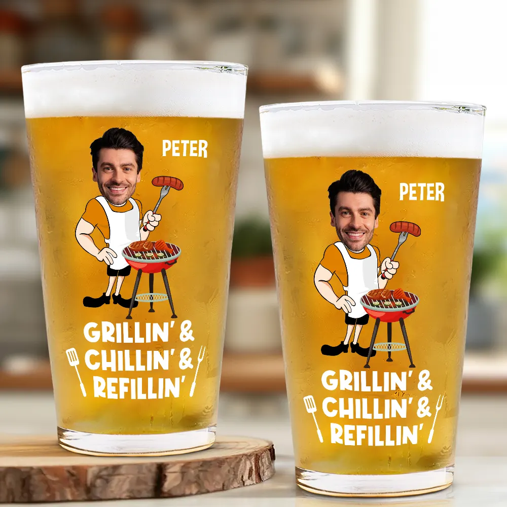 Custom Photo Grillin' Chillin' Refillin' - Personalized Beer Glass - Image 3