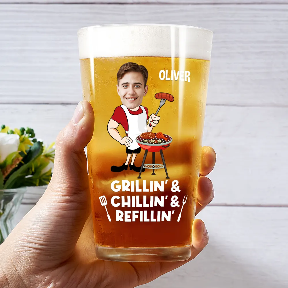 Custom Photo Grillin' Chillin' Refillin' - Personalized Beer Glass - Image 4