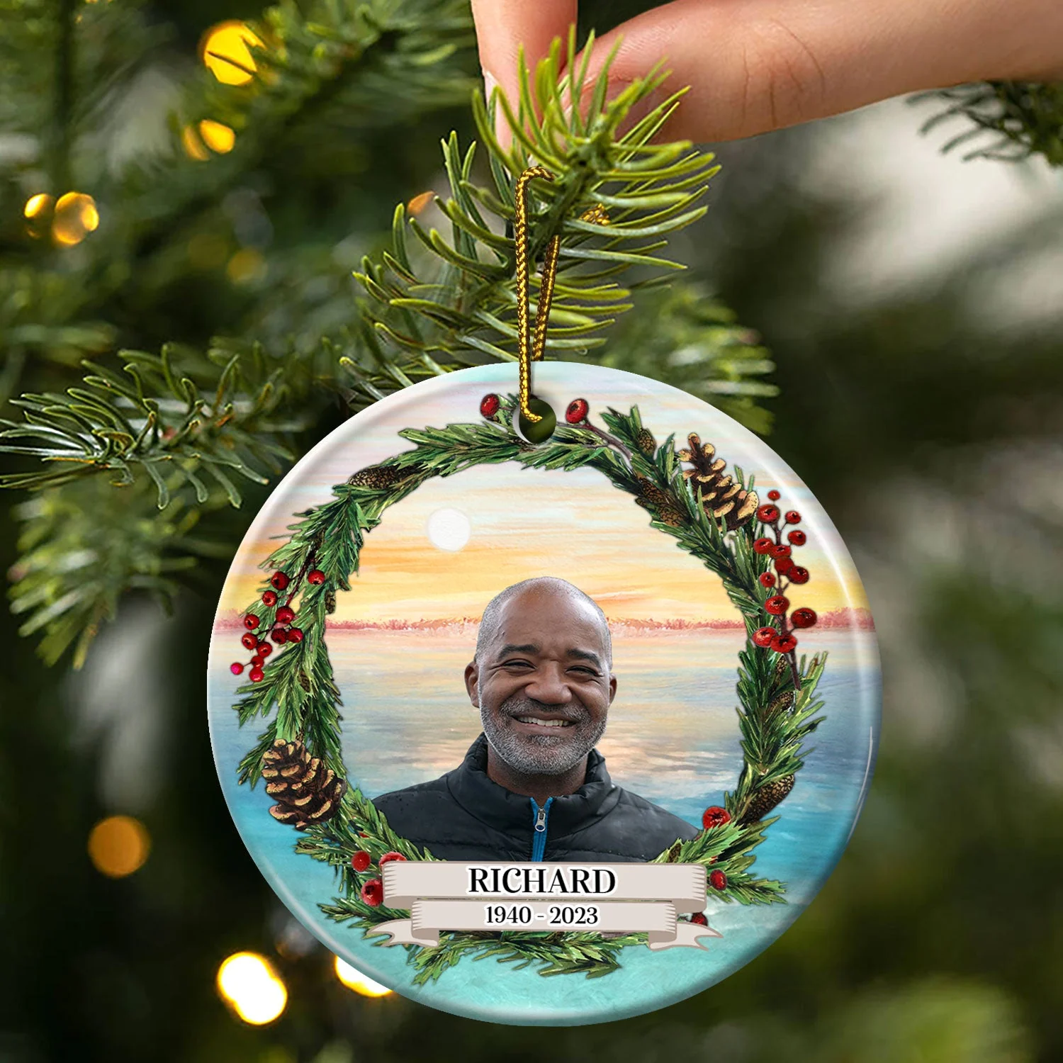 Custom Photo Heaven Family Lovers - Christmas Memorial Gift For Family - Personalized Circle Ceramic Ornament - Image 4