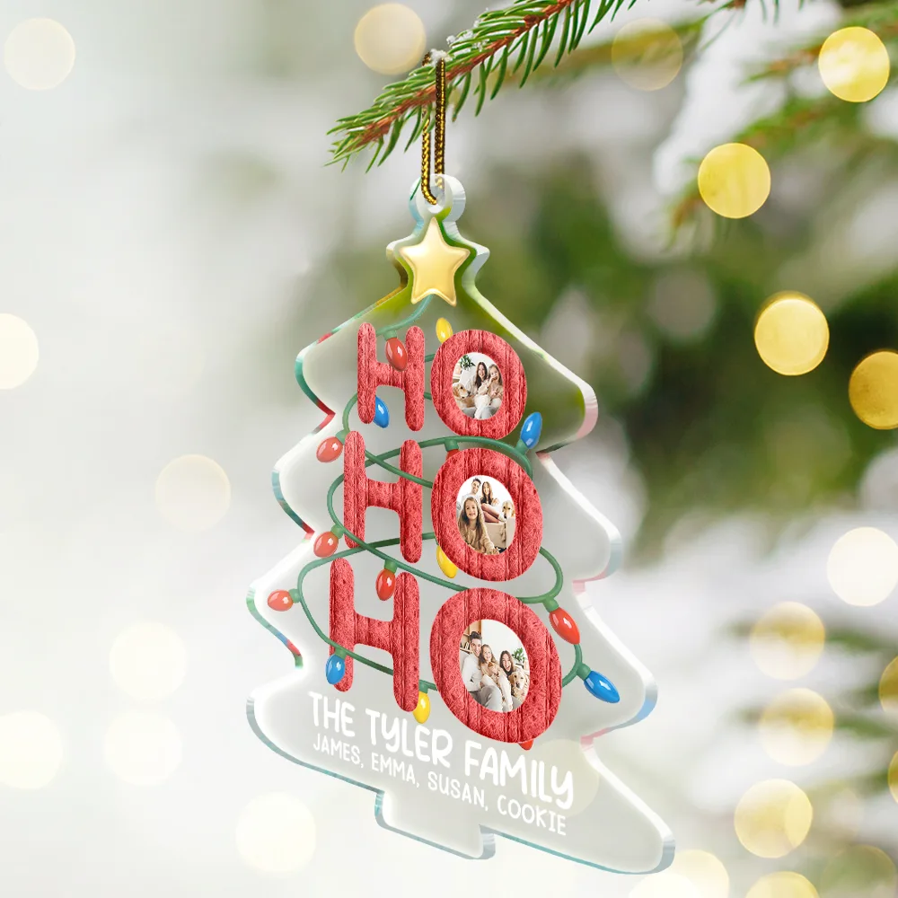 Custom Photo Ho Ho Ho Family Christmas Tree - Personalized Custom Shaped Acrylic Ornament - Image 2