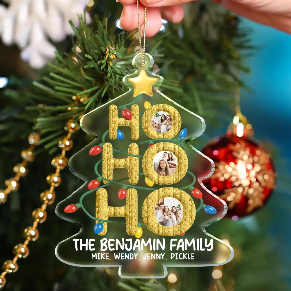 Custom Photo Ho Ho Ho Family Christmas Tree - Personalized Custom Shaped Acrylic Ornament - Image 4