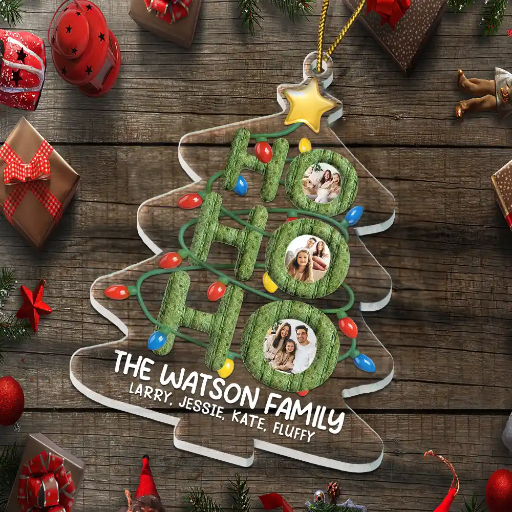 Custom Photo Ho Ho Ho Family Christmas Tree - Personalized Custom Shaped Acrylic Ornament - Image 5