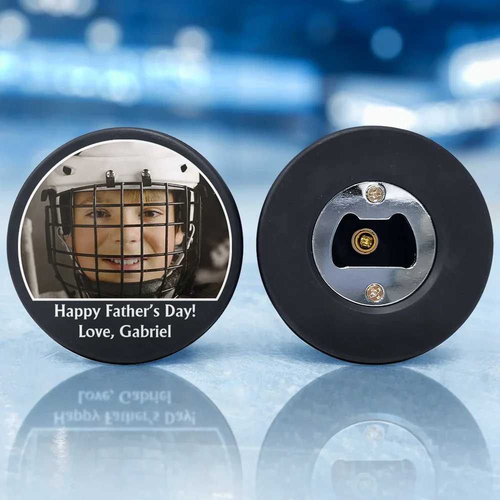Custom Photo Hockey Gift - Personalized Hockey Puck Bottle Opener - Image 3