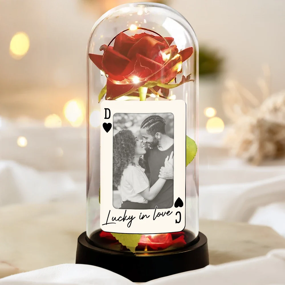Custom Photo How Lucky Are We Palying Card - Personalized Everlasting Rose Dome Lamp - Image 3