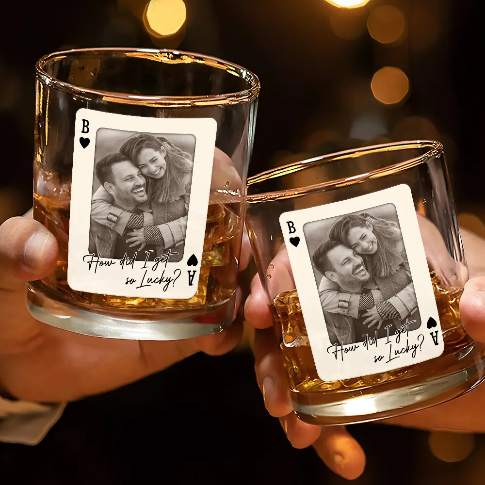 Custom Photo How Lucky Are We Playing Card - Personalized Whiskey Glass - Image 3
