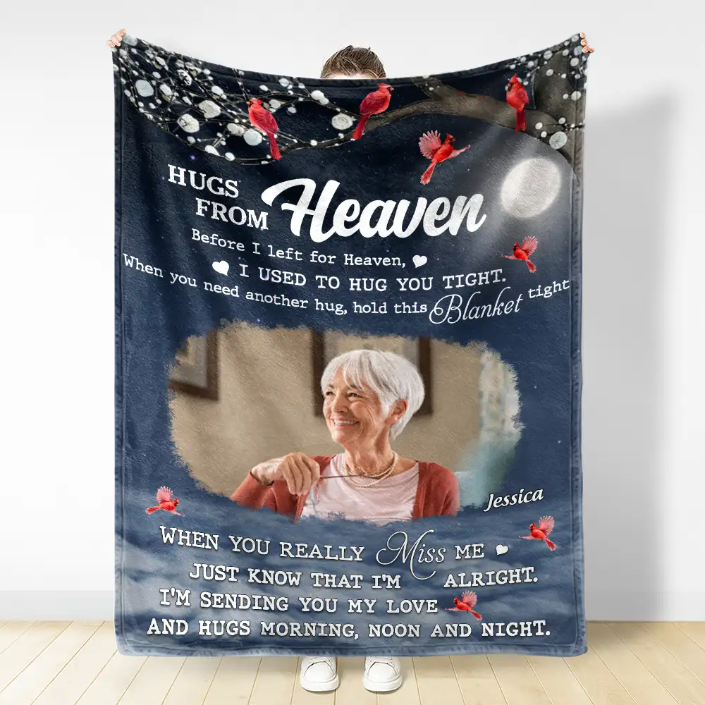 Custom Photo Hugs From Heaven Memorial - Personalized Fleece Blanket, Sherpa Blanket - Image 3