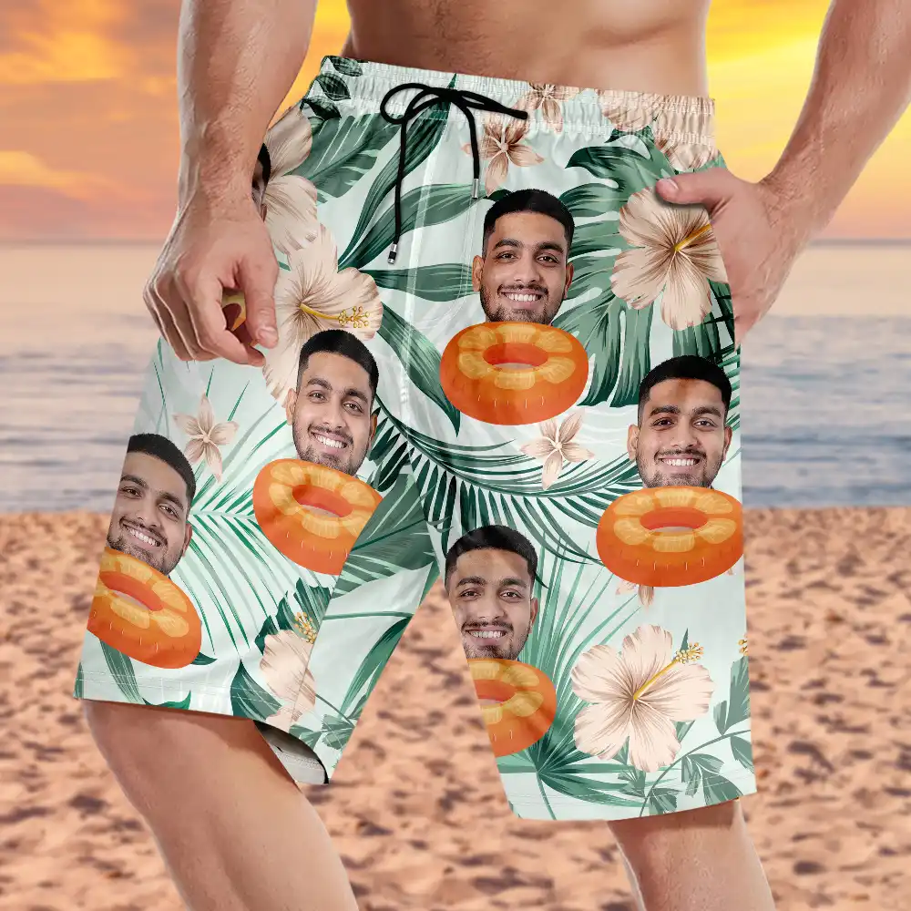 Custom Photo Human And Pet Face Tropical - Personalized Unisex Beach Shorts - Image 4