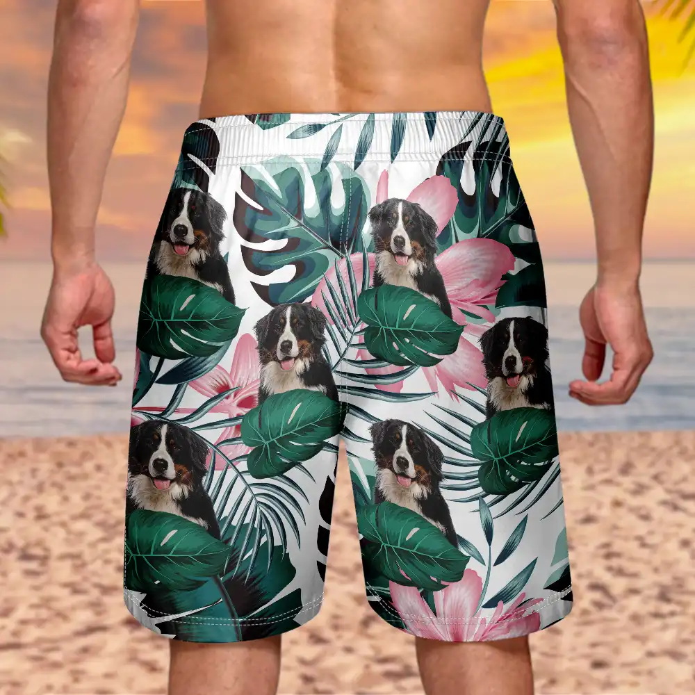 Custom Photo Human And Pet Face Tropical - Personalized Unisex Beach Shorts - Image 5